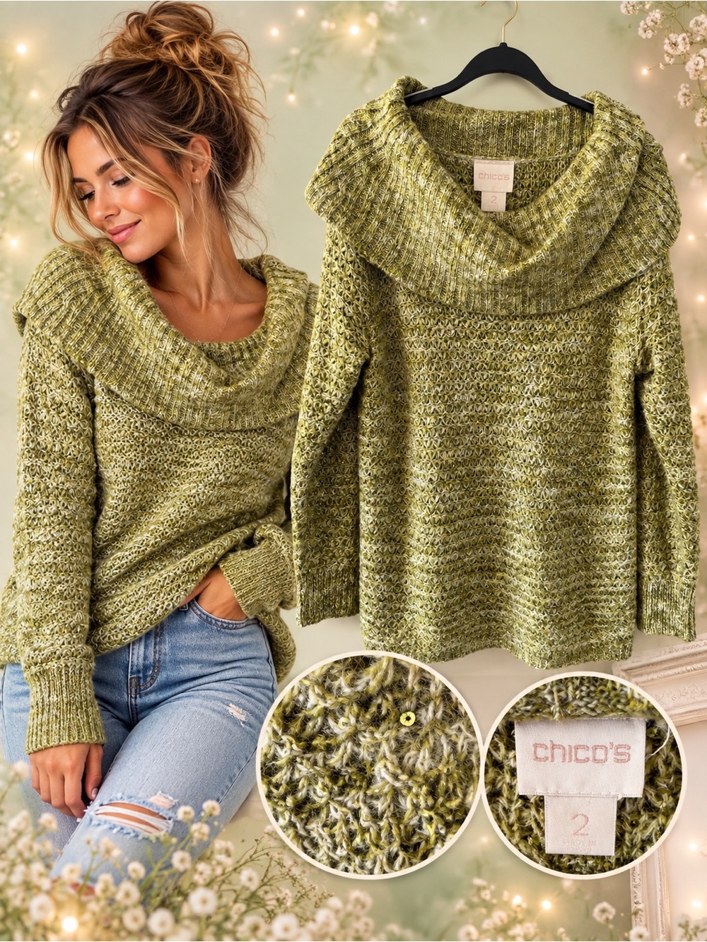 Chico's Olive Green Cozy Cowl-Neck Sweater